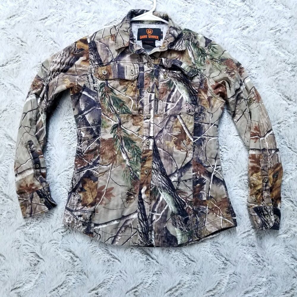 Game Winner Shirt Womens Small Camo Button Up Chamois Cloth Pro Gear Real Tree